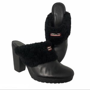 Hunter Black Leather Shearling-Trim Mule Heels